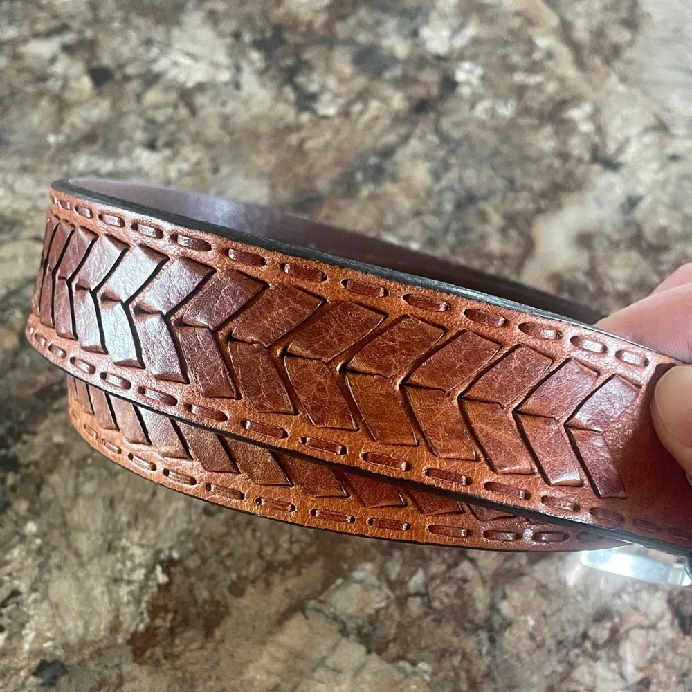 Ariat Western Brown Leather Woven Braided Men’s Belt Silver Tone Buckle Cowboy